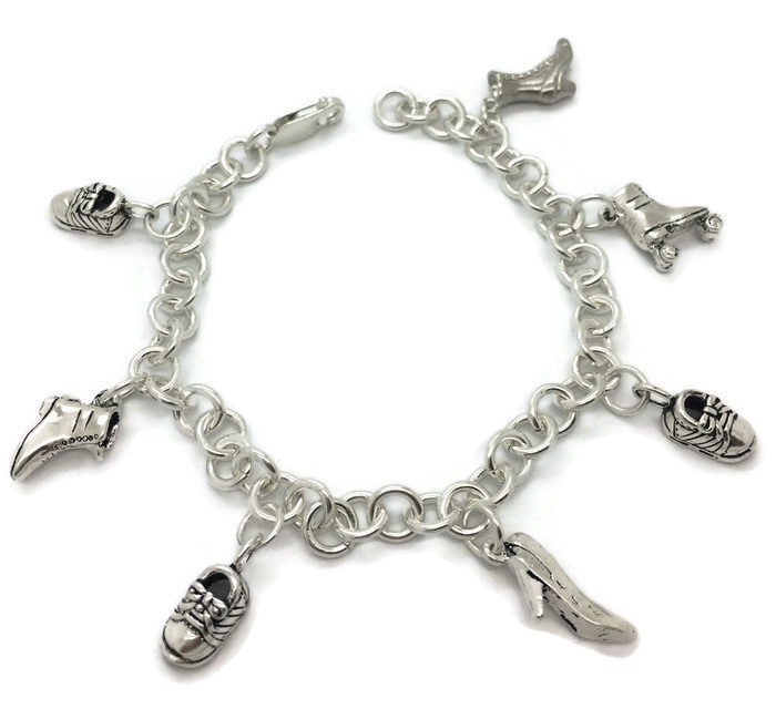 CHARM BRACELET WITH 7 SHOES CHARMS HANDMADE .925 STERLING SILVER!!