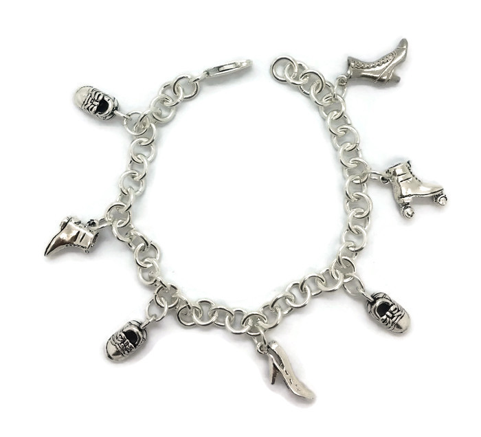 CHARM BRACELET WITH 7 SHOES CHARMS HANDMADE .925 STERLING SILVER!!