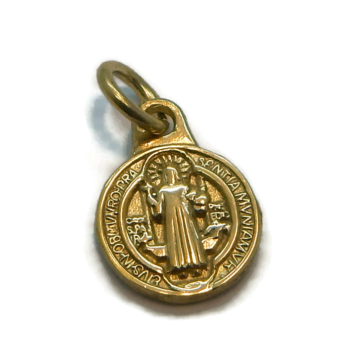 Solid 14K Yellow Gold Polished St Benedict Medal Charm Saint Pendant Figaro Chain Necklace